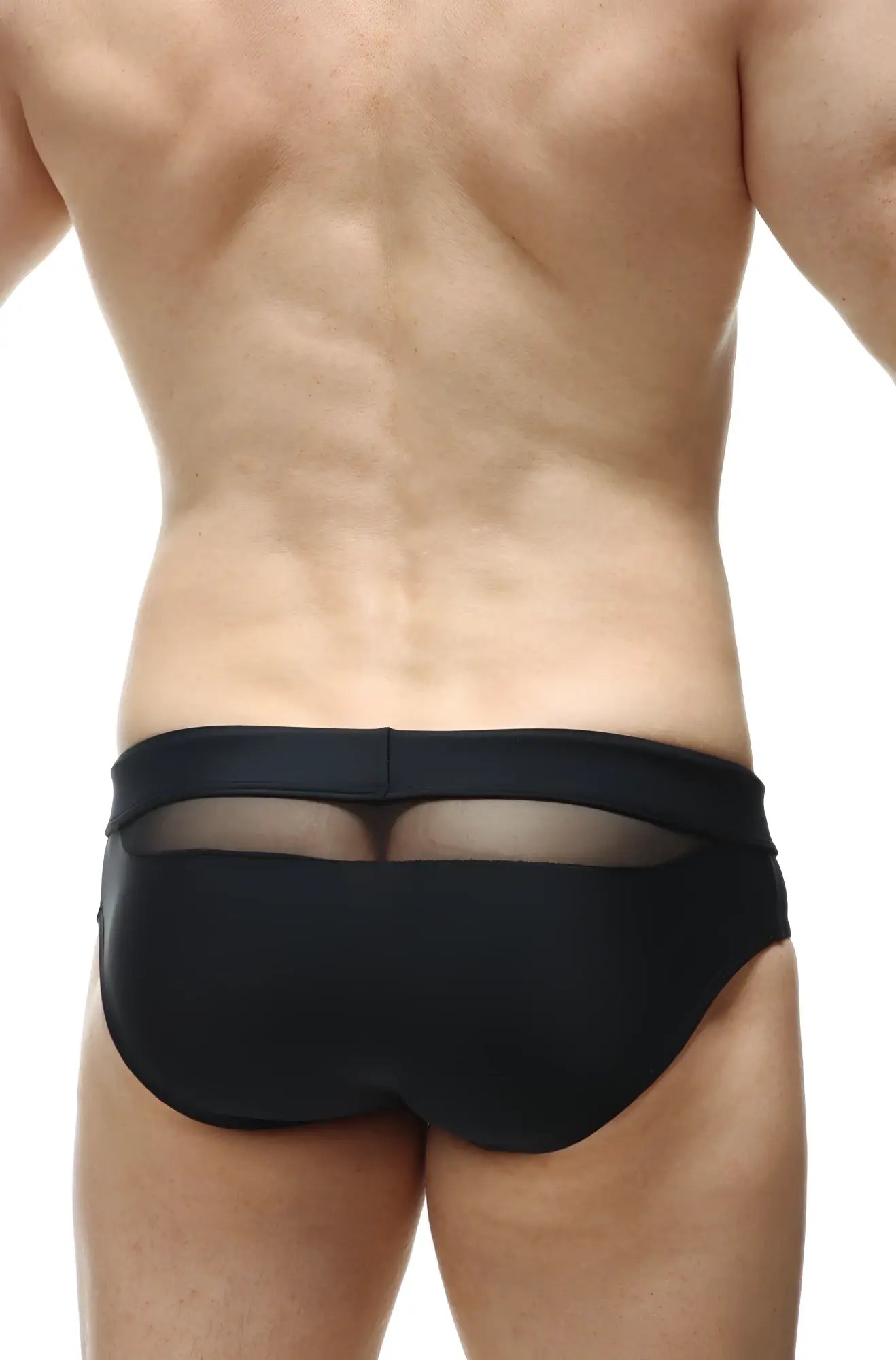Back view of swim bikini ajoupa black swim trunks with sheer mesh panel in black designed for swimming