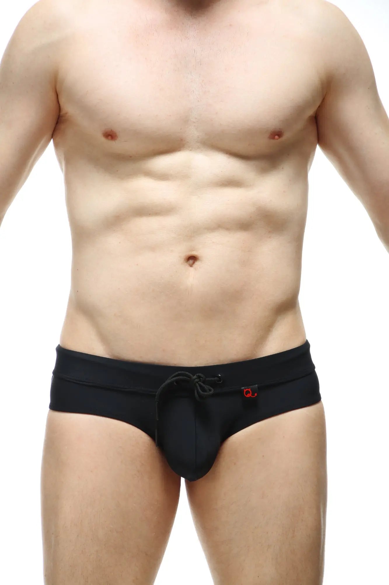 Swim bikini ajoupa black swim trunks with drawstring waistband and small red logo on the side made from quick-dry fabric