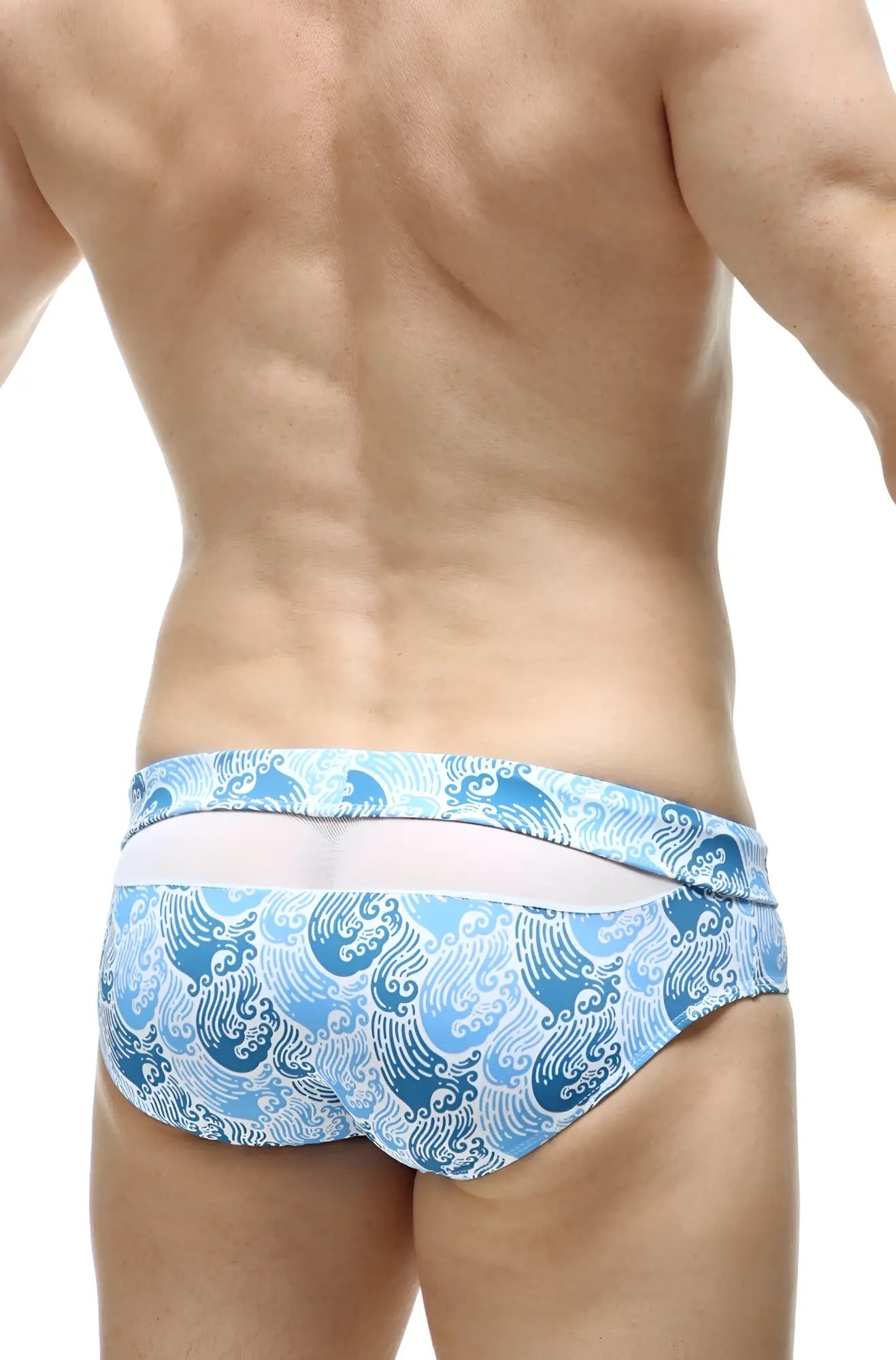 Blue and white wave-patterned swim bikini ajoupa tartane with a contrasting white waistband for beachwear