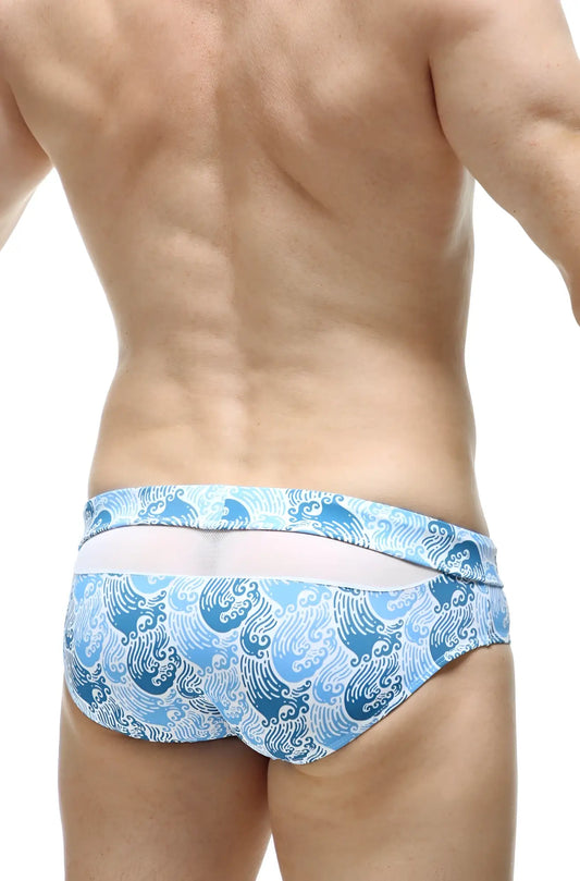 Blue and white wave-patterned swim bikini ajoupa tartane with a contrasting white waistband for beachwear
