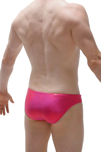 Bright pink metallic swim trunks from swim bikini gloss collection made of shiny material for stylish swimming