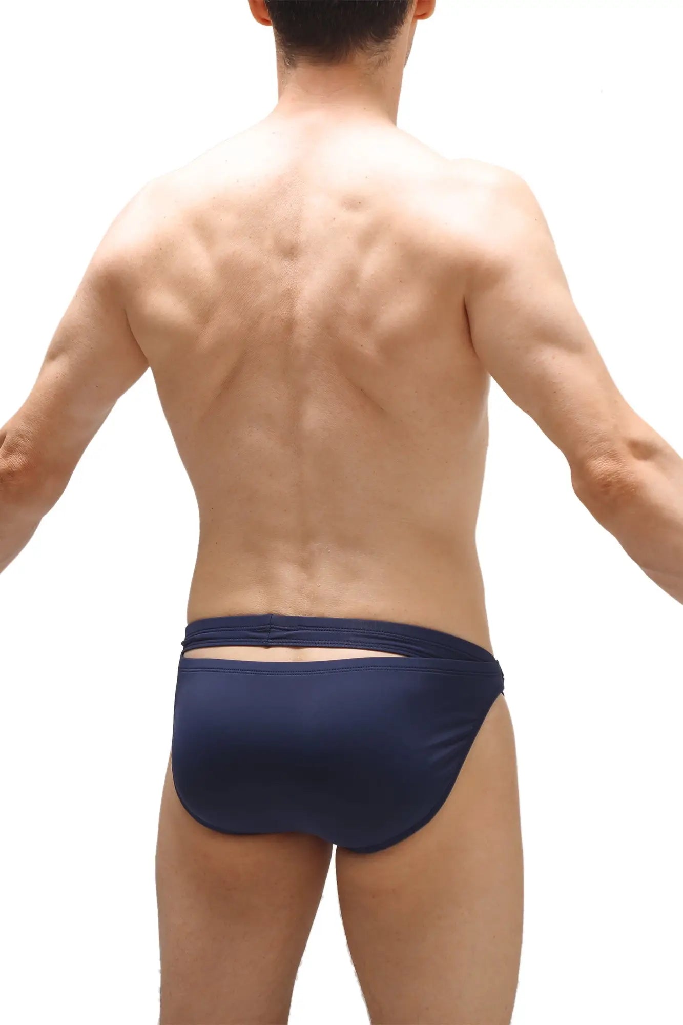 Navy blue recycled swim bikini griede swim trunks with a cutout detail shown from the back side