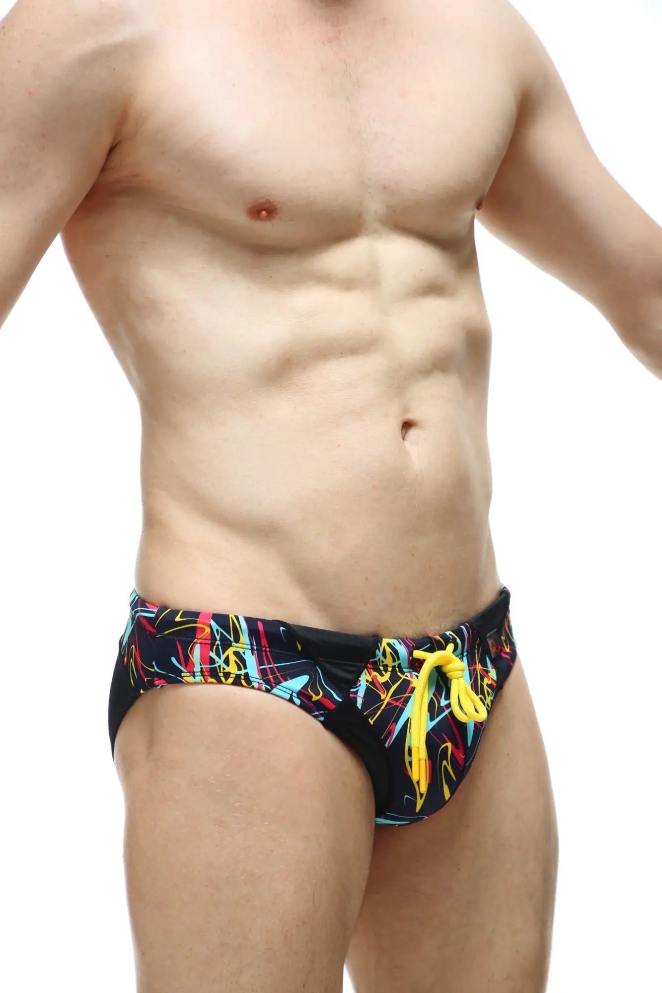 Black swim bikini lecci conca with pad featuring vibrant neon yellow cyan pink graffiti pattern and bright yellow drawstrings
