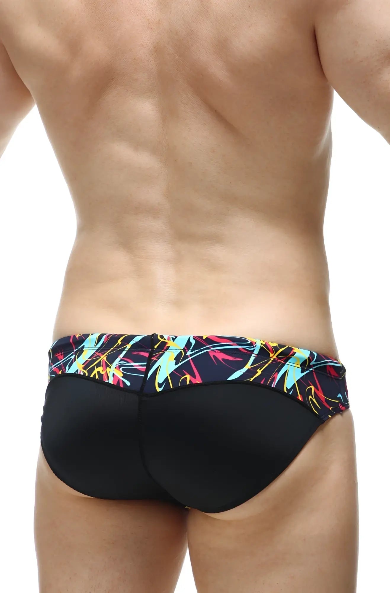 Swim bikini lecci conca with pad featuring black swim trunks and a vibrant neon blue yellow red abstract waistband