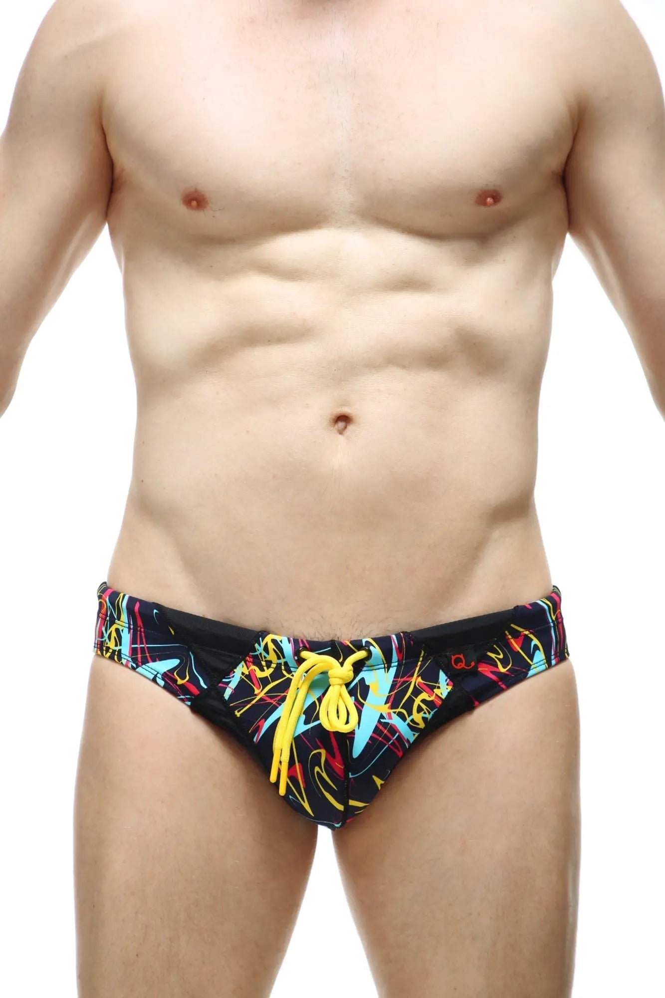 Black swim bikini Lecci Conca with pad featuring vibrant neon yellow blue and pink graffiti pattern and bright yellow drawstrings