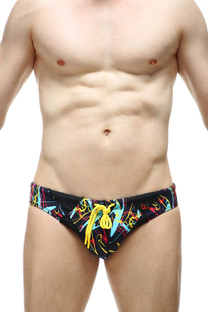 Black swim bikini Lecci Conca with pad featuring vibrant neon yellow blue and pink graffiti pattern and bright yellow drawstrings