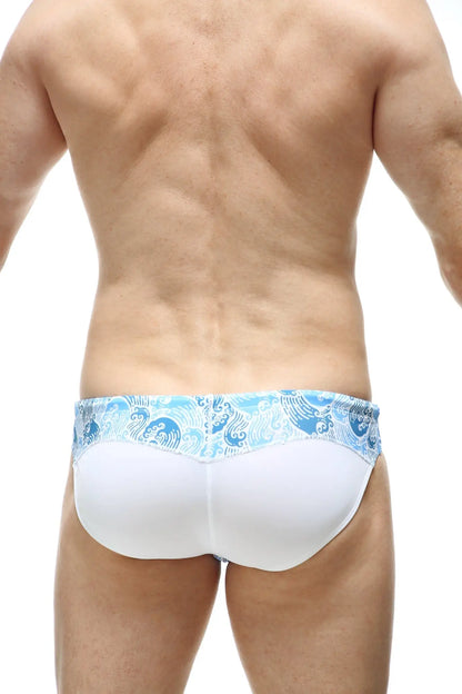 White swim bikini lecci tartane with padded blue wave patterned waistband for beach and pool use