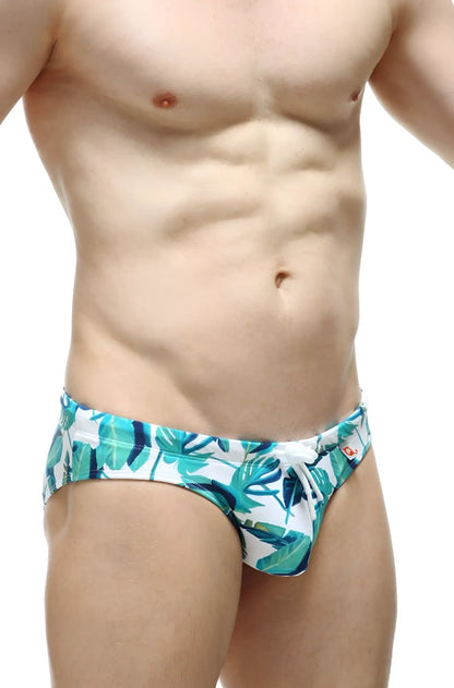 Swim bikini macouba featuring tropical leaf-patterned swim trunks in white and teal for beachwear