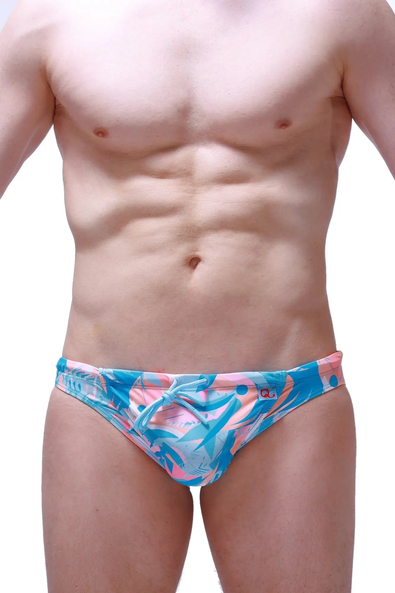 Swim bikini taik boucan vibrant blue and pink tropical leaf-patterned swim trunks with tied waistband