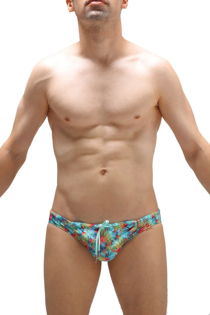 Swim bikini taik canot brightly colored tropical leaf-patterned swim trunks with light blue drawstring