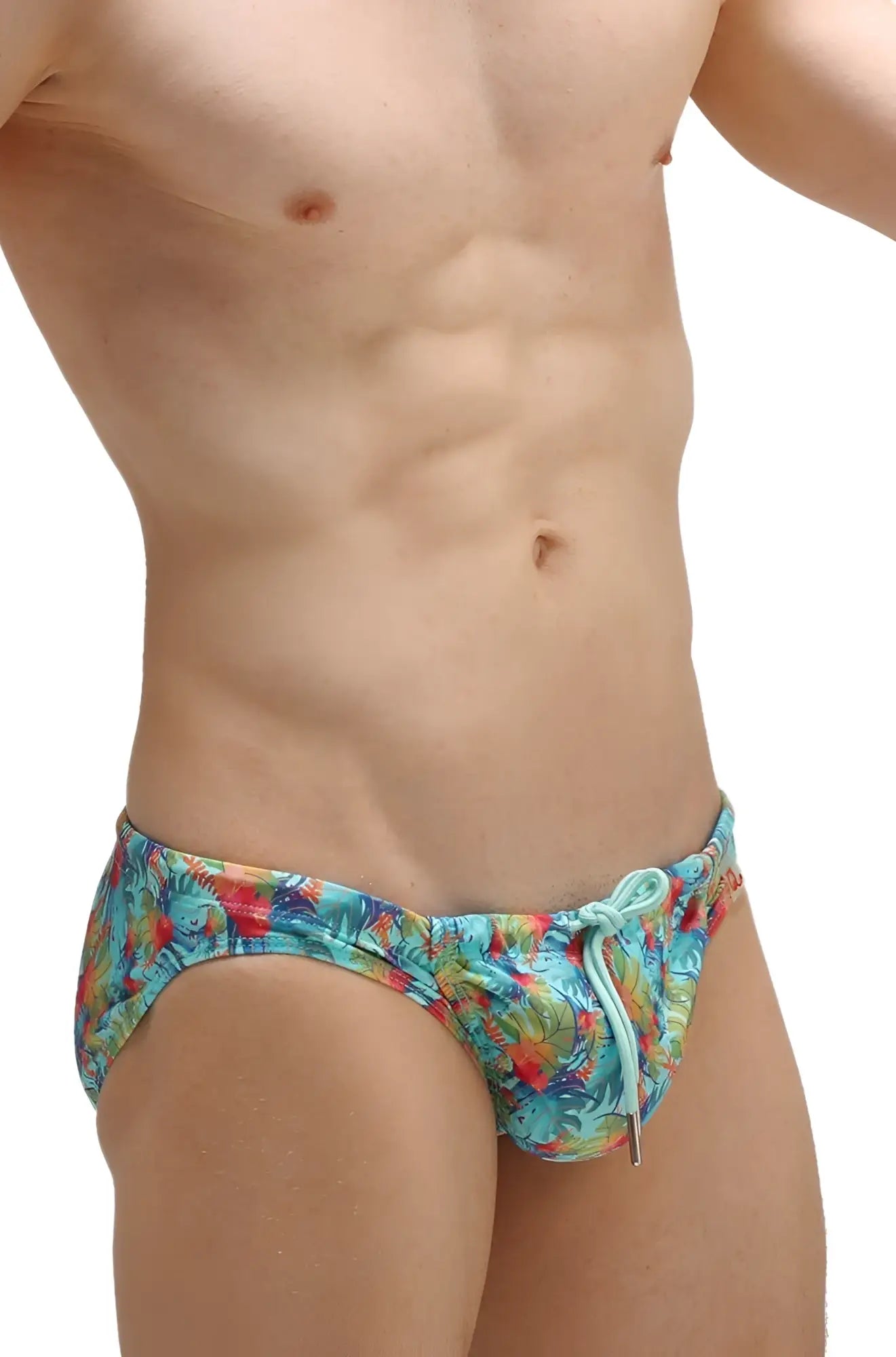 Swim bikini taik canot vibrant tropical print swim trunks with turquoise red green colors and light blue drawstring