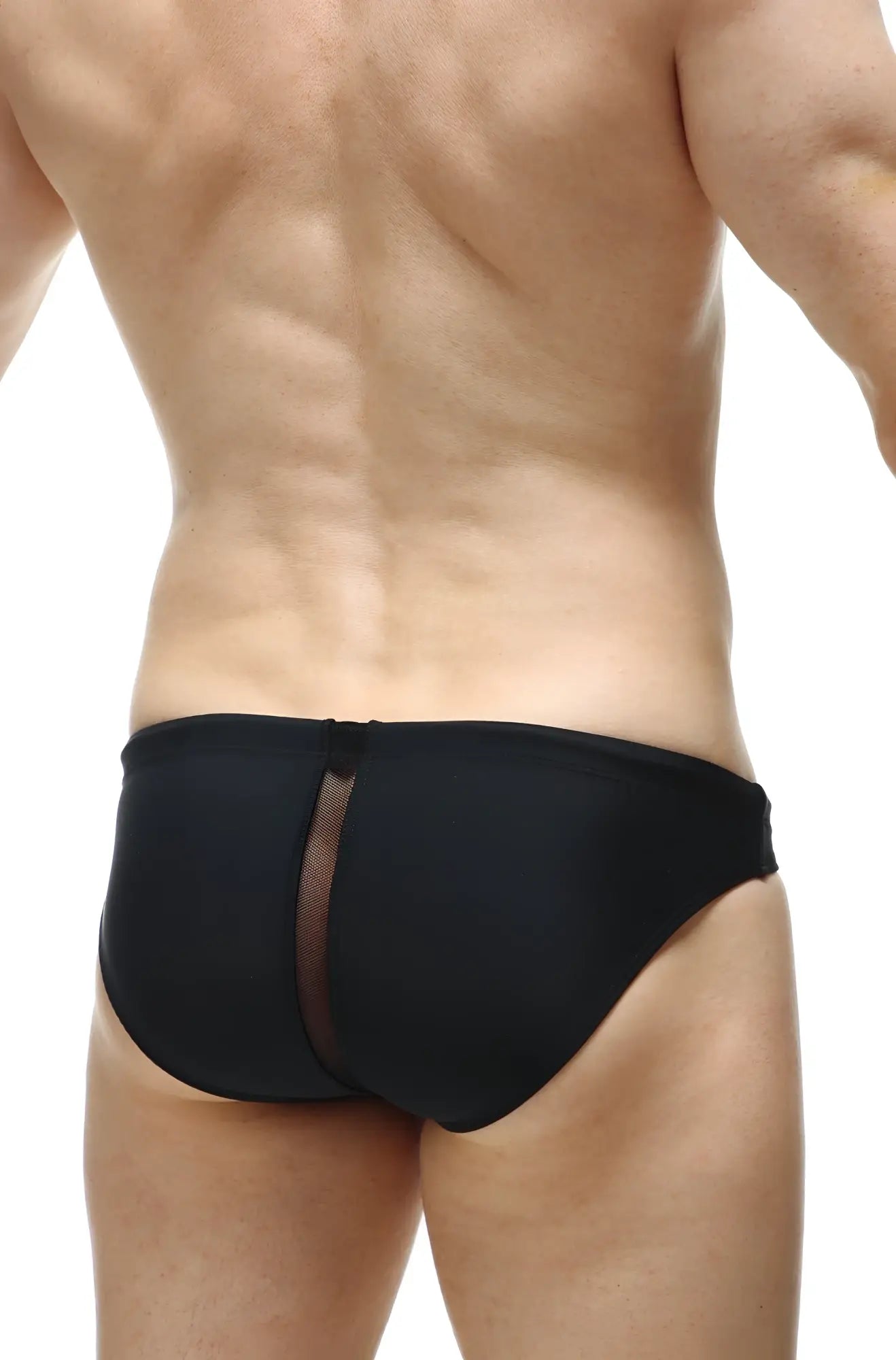 Back view of swim bikini tarcu black swim trunks with sheer mesh panel down the back in black color