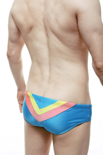 Bright blue swim brief chevron with bold yellow and pink v-shaped pattern ideal for beach and poolwear