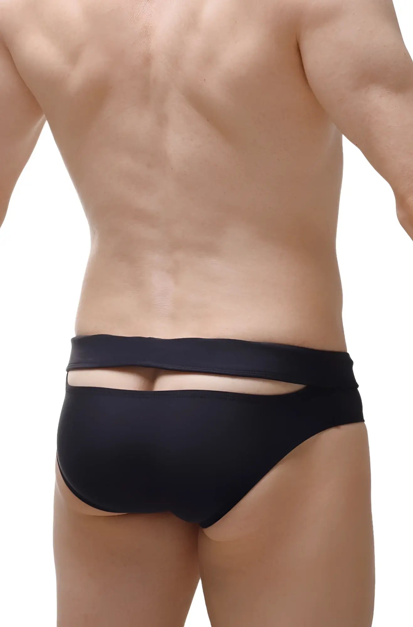 Back view of black form-fitting swim brief mimet recycled with a distinctive horizontal cutout detail