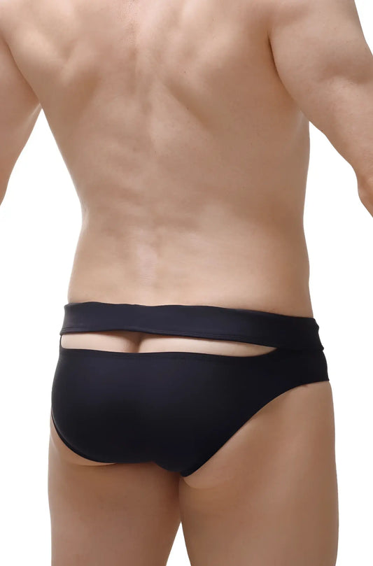Back view of black form-fitting swim brief mimet recycled with a distinctive horizontal cutout detail