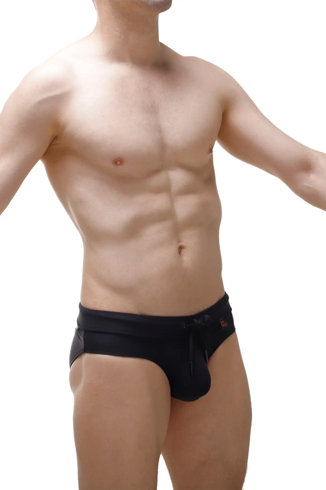 Black swim brief mimet recycled with drawstring waistband and small red logo on the side for swimming