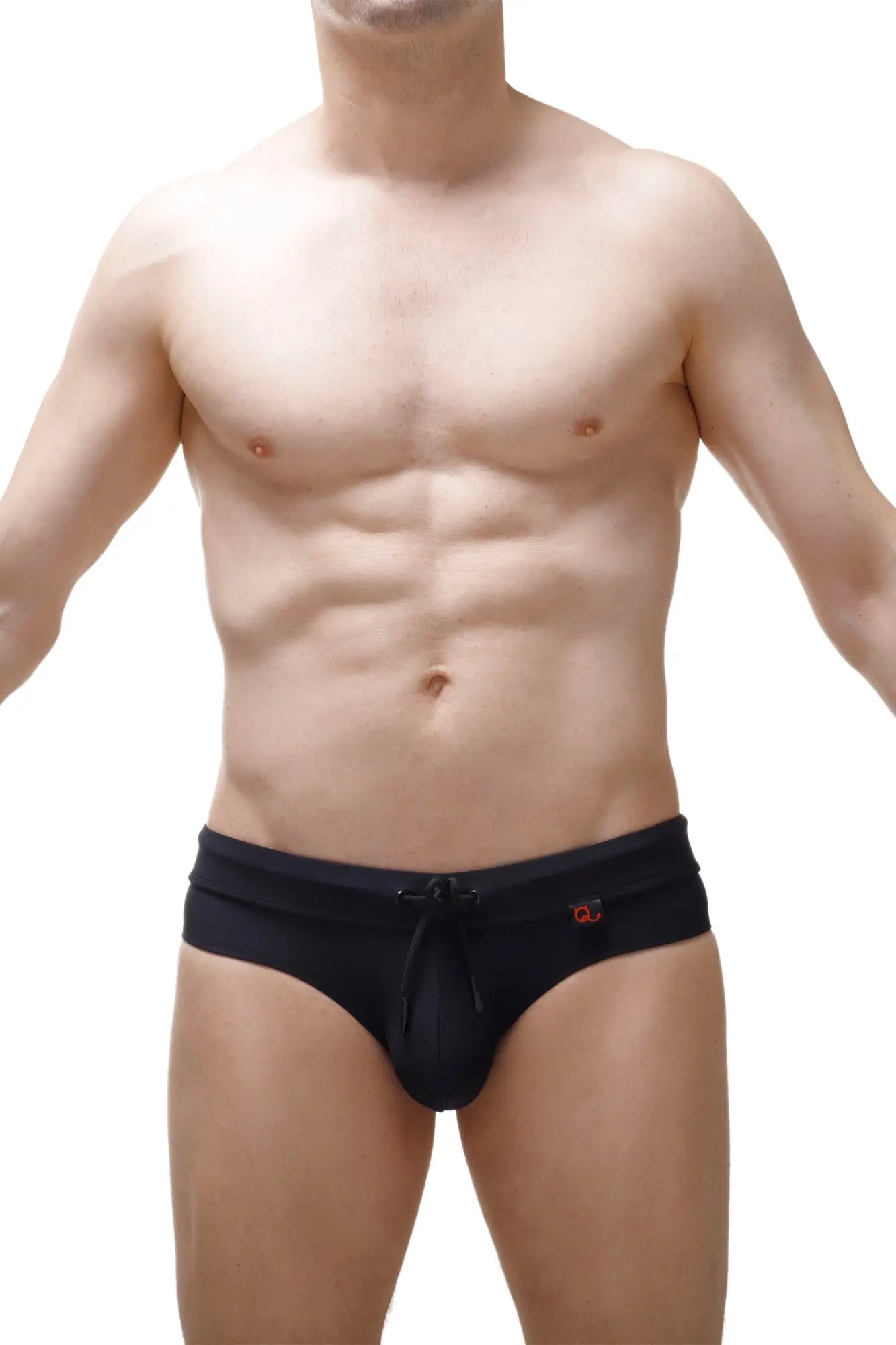 Black swim brief mimet recycled with a drawstring waistband and small red logo on the side
