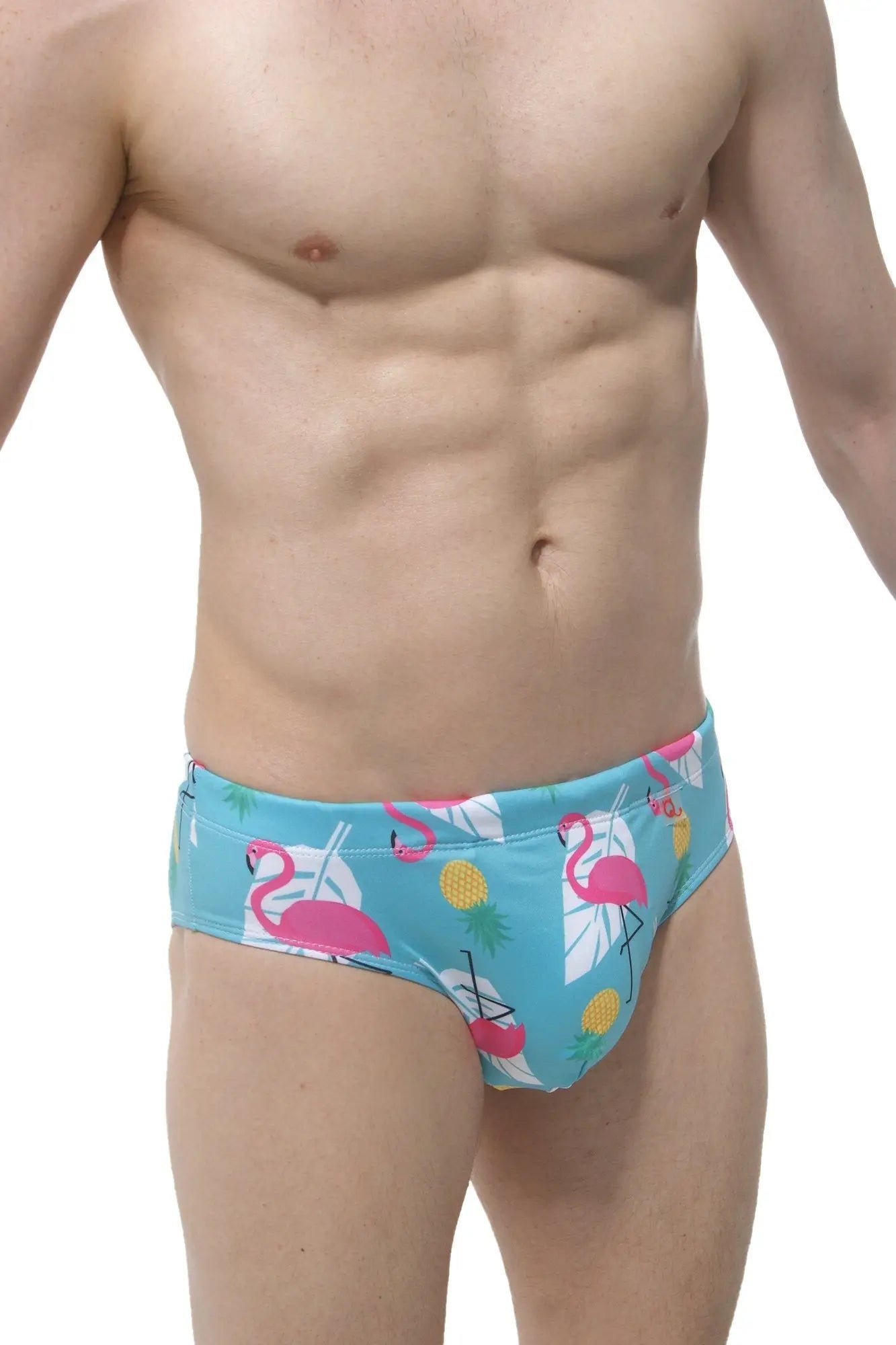 Swim brief pina colada with male cup pad in bright turquoise featuring pink flamingos yellow pineapples and white leaves