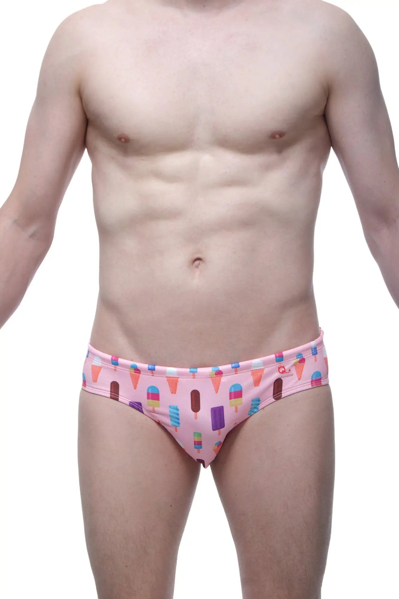 Pink swim brief popsicle featuring a playful colorful ice cream and popsicle pattern perfect for swimwear