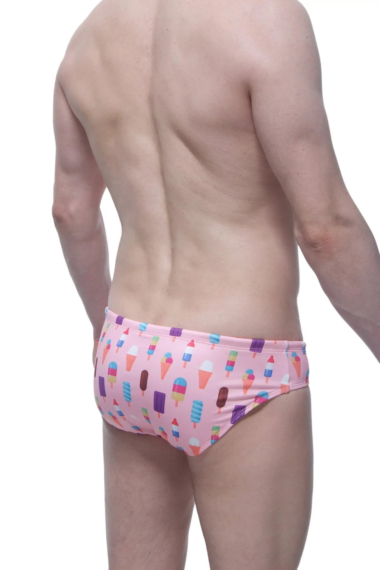 Pink swim brief popsicle featuring a playful pattern of colorful ice cream cones and popsicles on soft fabric
