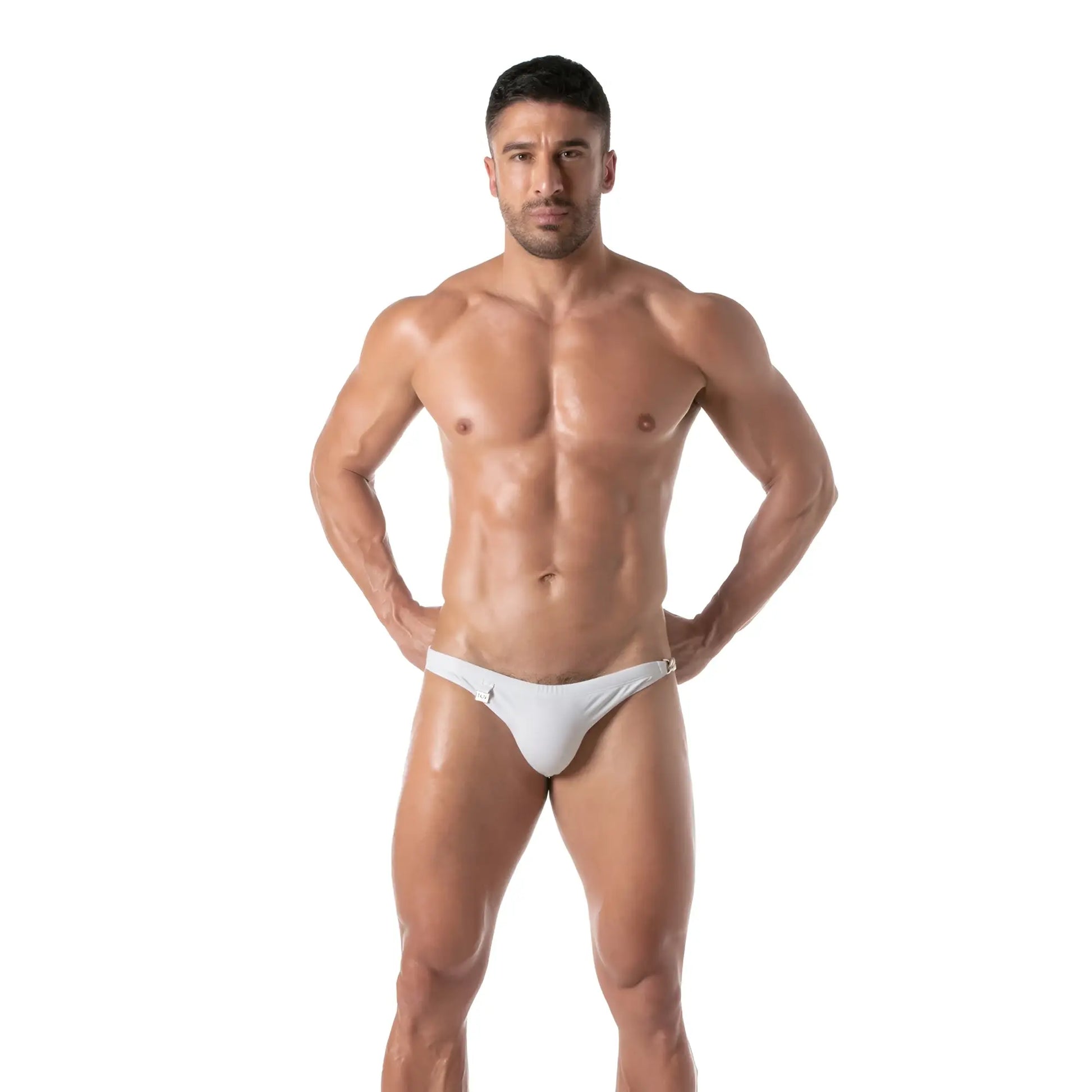 White swim chain brief athletic briefs with sleek minimalist design and subtle side fastenings for swimming use