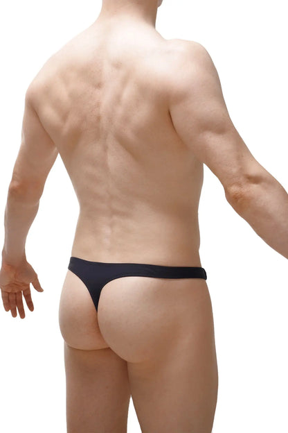 Black thong swimwear made from recycled materials shown from the back for sustainable beach use