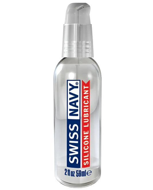 Clear glass bottle with silver pump dispenser containing swiss navy silicone lubricant in blue and red text label