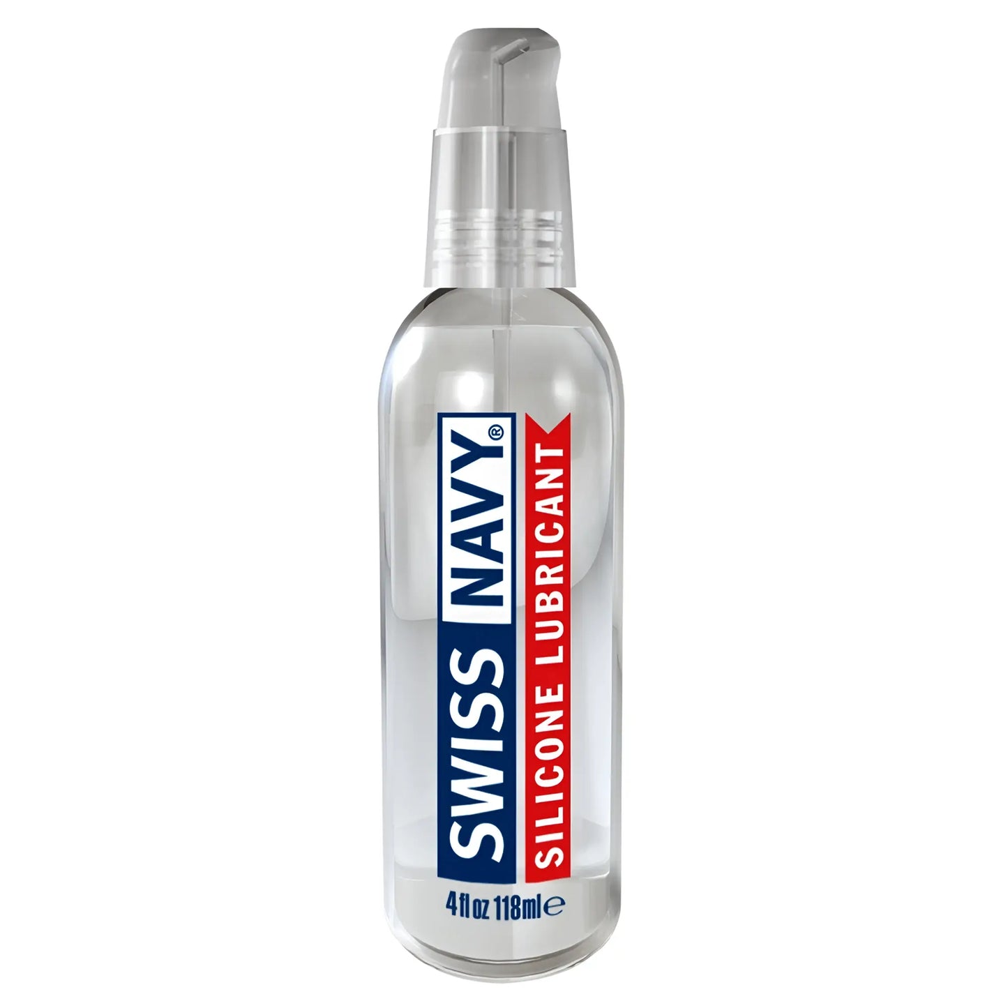 Clear glass bottle with transparent pump dispenser labeled swiss navy silicone lubricant for personal use