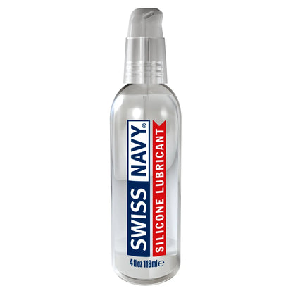 Clear glass bottle with transparent pump dispenser labeled swiss navy silicone lubricant for personal use