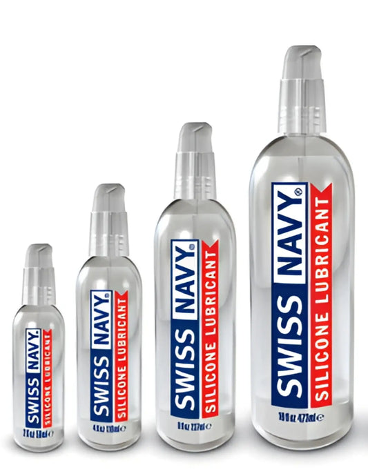 Clear glass bottles with silver spray nozzles and blue and red swiss navy silicone lubricant labels