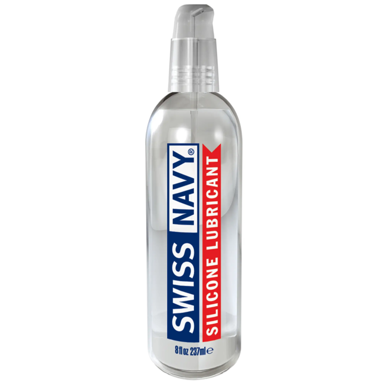 Clear plastic bottle of swiss navy silicone lubricant with blue and red label and transparent pump dispenser