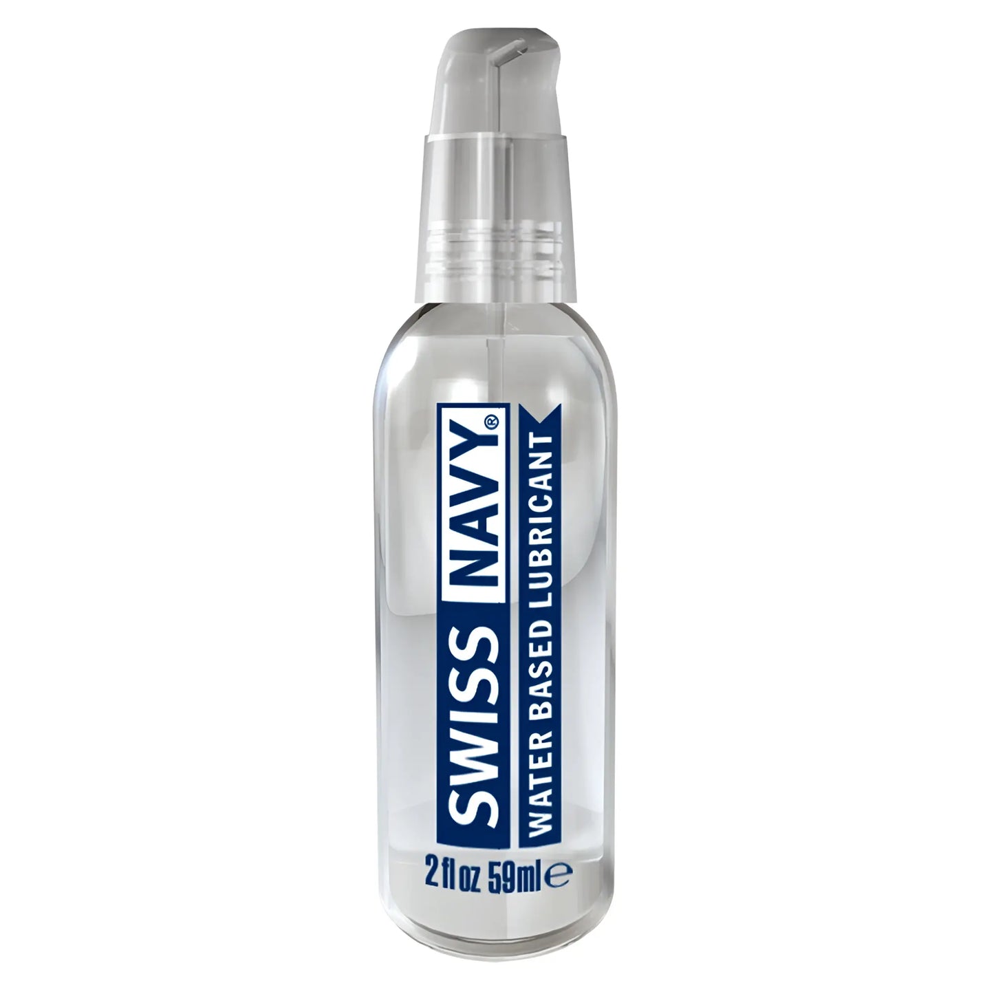 Clear glass bottle with silver pump labeled swiss navy water-based lubricant in blue text for personal use