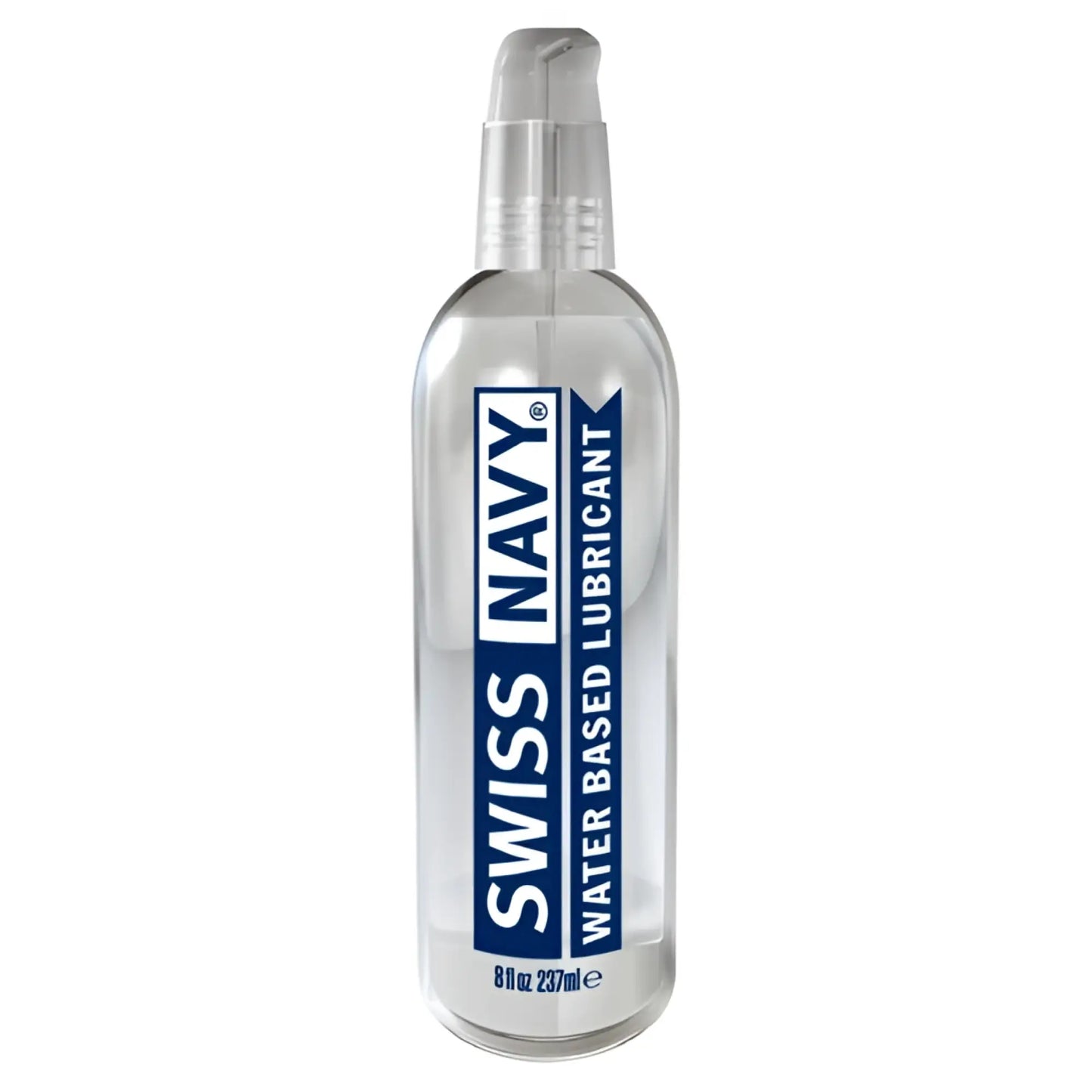 Clear plastic bottle with silver pump containing swiss navy water-based lubricant labeled in blue and white text