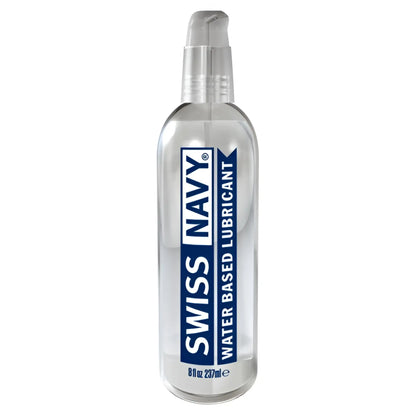 Clear plastic bottle with silver pump containing swiss navy water-based lubricant labeled in blue and white text