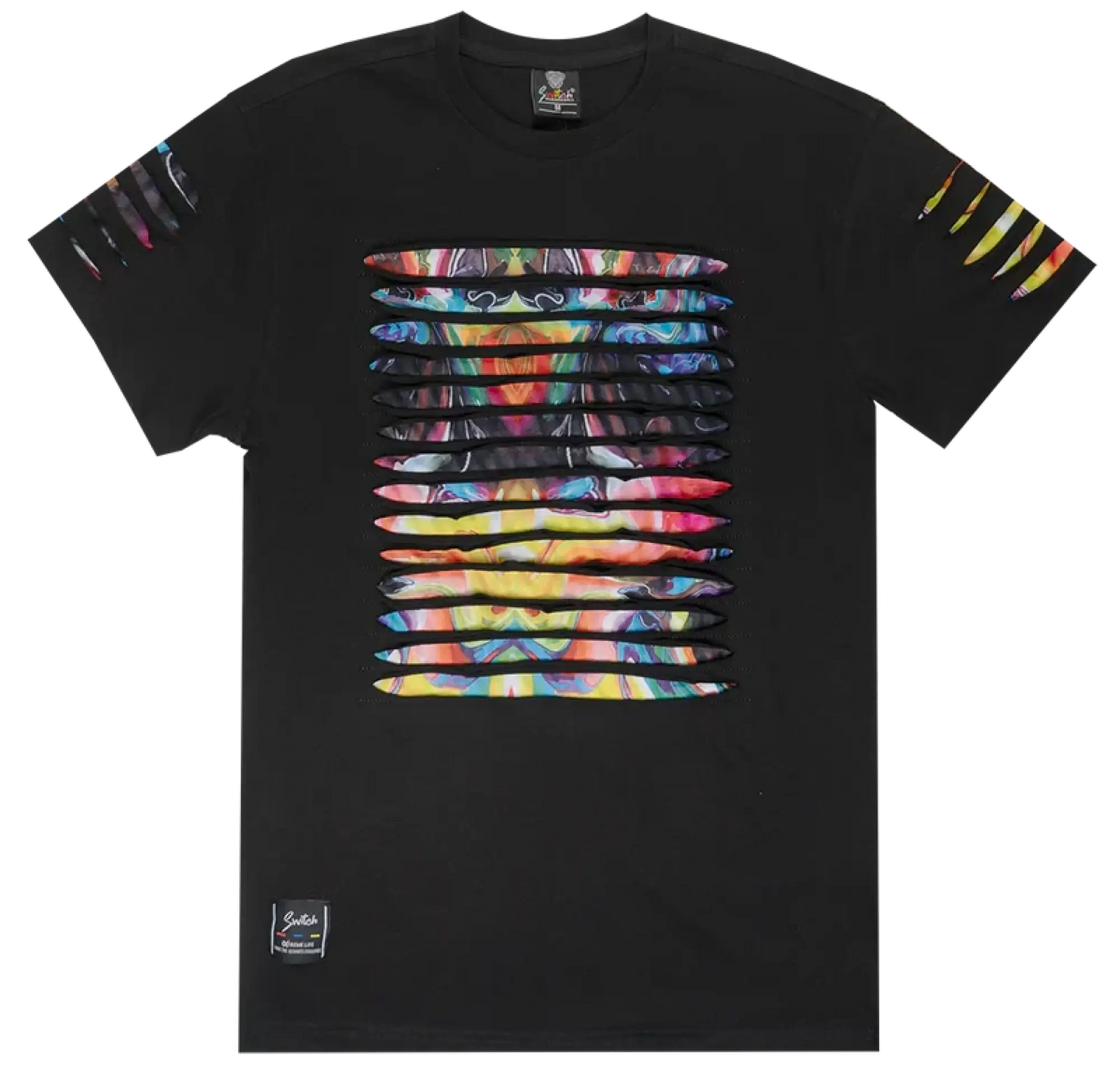 Black SWITCH THRASHED tee featuring vibrant multicolored abstract horizontal strips on chest and colorful sleeve accents