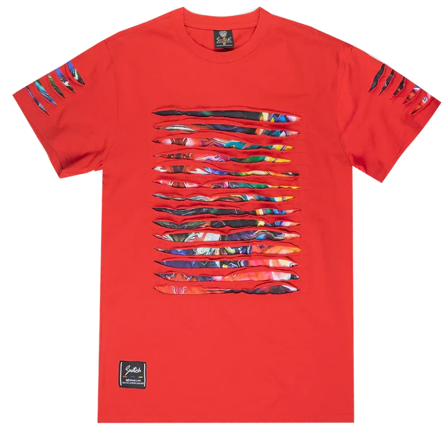 Switch thrashed tee vibrant red short-sleeved t-shirt with bold multicolored abstract horizontal stripes and ripped sleeve accents