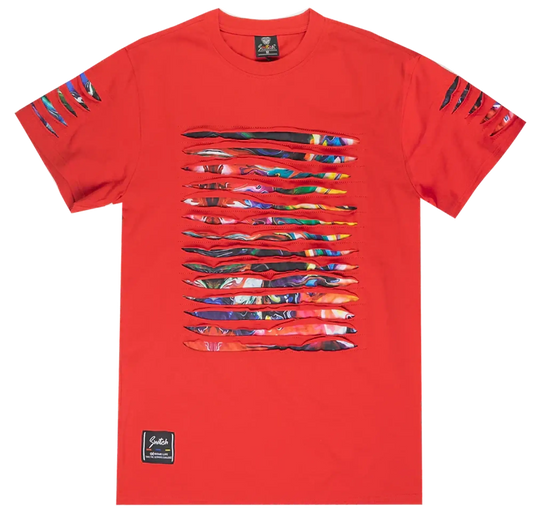 Switch thrashed tee vibrant red short-sleeved t-shirt with bold multicolored abstract horizontal stripes and ripped sleeve accents