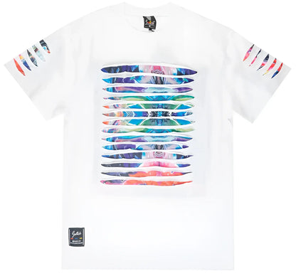 White short-sleeved switch thrashed tee with vibrant multicolored abstract horizontal bands on chest and sleeves