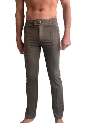 A pair of olive green tactical urban slim-fit dress pants with structured waistband and gold-toned buttons