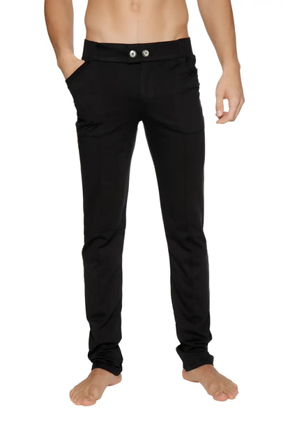Black tactical urban at home dress yoga pant with slim fit sleek design and silver toned button closures at waist