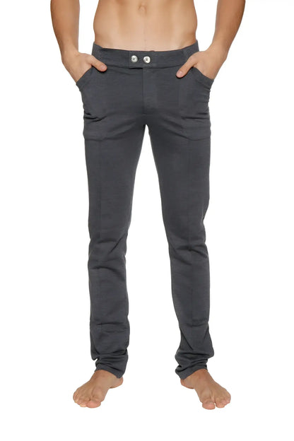 Dark gray tactical urban at home dress pant yoga pant with soft fabric and two white buttons at the waistband
