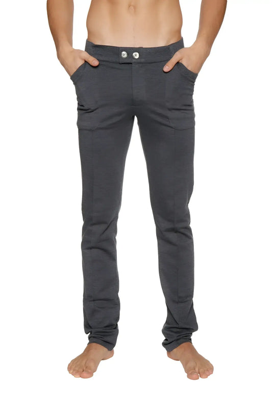 Dark gray tactical urban at home dress pant yoga pant with soft fabric and two white buttons at the waistband