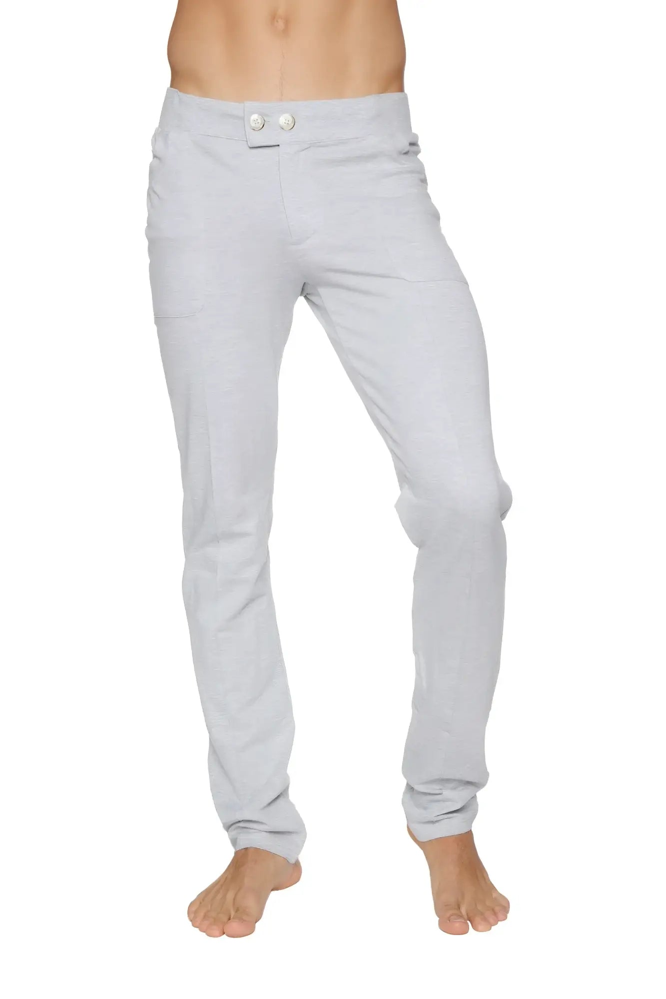 Light gray slim fit tactical urban at home dress pant with button closure designed for yoga and casual wear