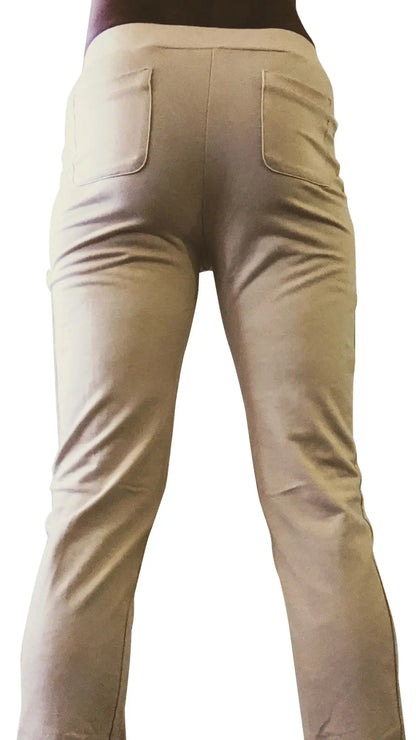 Beige tactical urban at home dress yoga pants back view with stretchy fabric two back pockets and elastic waistband