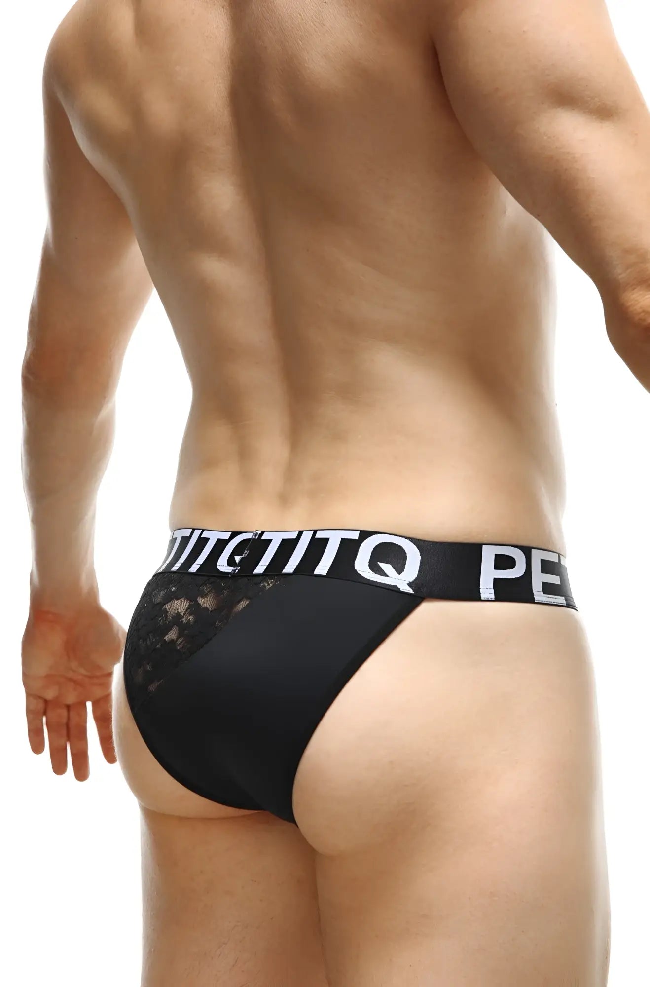 Black lace-trimmed briefs tanga bigoo lace net with bold white lettered waistband in front view