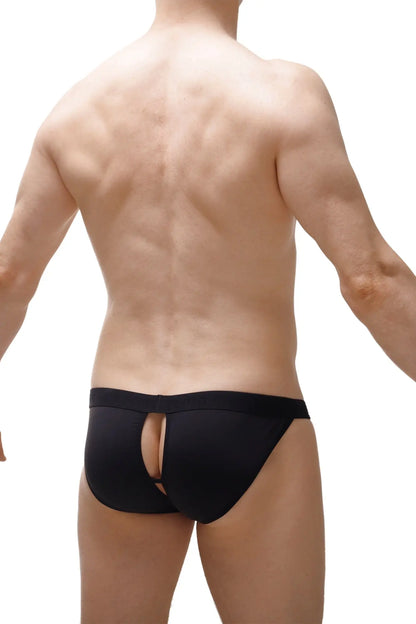 Back view of black athletic tanga teil briefs with central cutout designed for breathable support and comfort