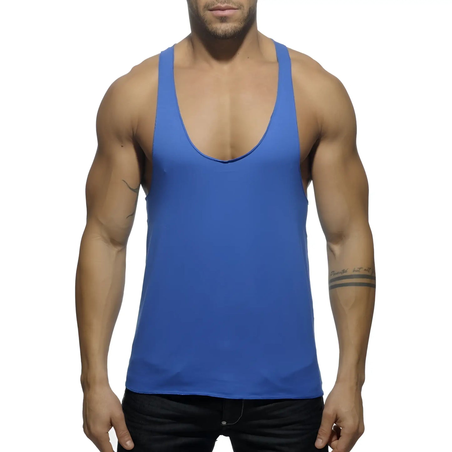 A solid royal blue sleeveless tank top with a deep scoop neckline and thin straps shown from the back