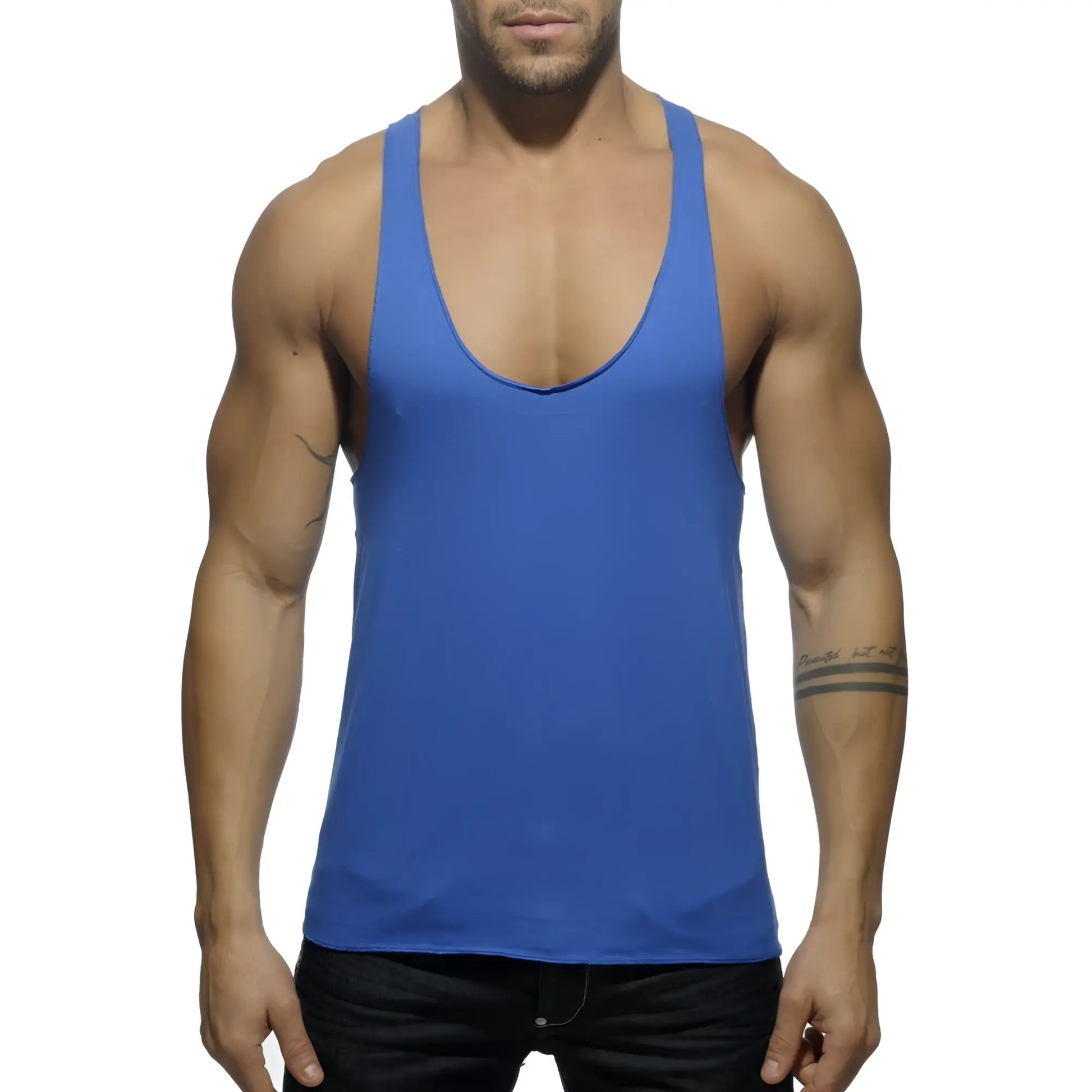A solid royal blue sleeveless tank top with a deep scoop neckline and thin straps shown from the back