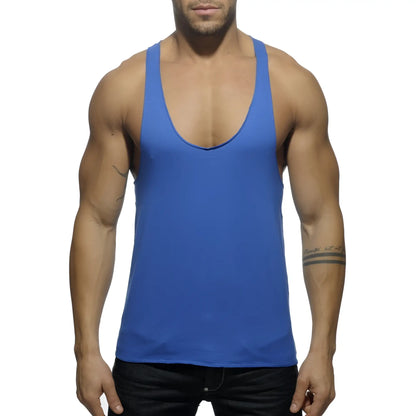 A solid royal blue sleeveless tank top with a deep scoop neckline and thin straps shown from the back