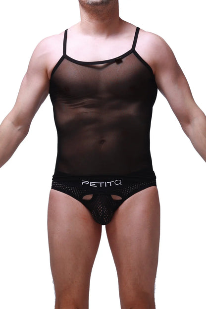 Black sheer mesh tank top with thin straps and matching mesh briefs featuring petitq logo tank net black product